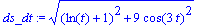 ds_dt := ((ln(t)+1)^2+9*cos(3*t)^2)^(1/2)