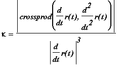 kappa = abs(crossprod(diff(r(t),t),diff(r(t),`$`(t,2))))/(abs(diff(r(t),t))^3)