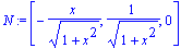 N := vector([-1/(1+x^2)^(1/2)*x, 1/((1+x^2)^(1/2)), 0])