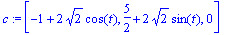 c := [-1+2*2^(1/2)*cos(t), 5/2+2*2^(1/2)*sin(t), 0]