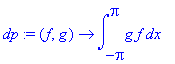 dp := proc (f, g) options operator, arrow; int(g*f,x = -Pi .. Pi) end proc
